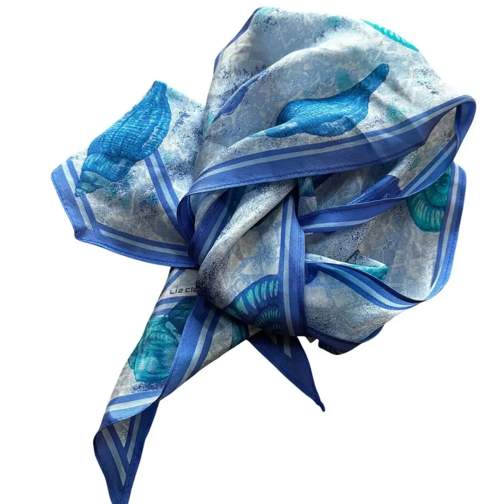 Vintage 80s Liz Claiborne blue silk scarf with pointy ends seashells beach theme